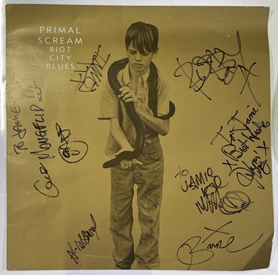 Lot 60 - PRIMAL SCREAM MEMORABILIA INC A FULLY SIGNED 'RIOT CITY BLUES' 12X12" COVER SLICK.