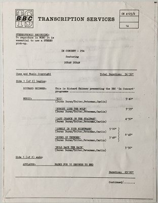Lot 154 - DURAN DURAN - IN CONCERT-294 LP (BBC TRANSCIPTION SERVICES - CN 4123/S)
