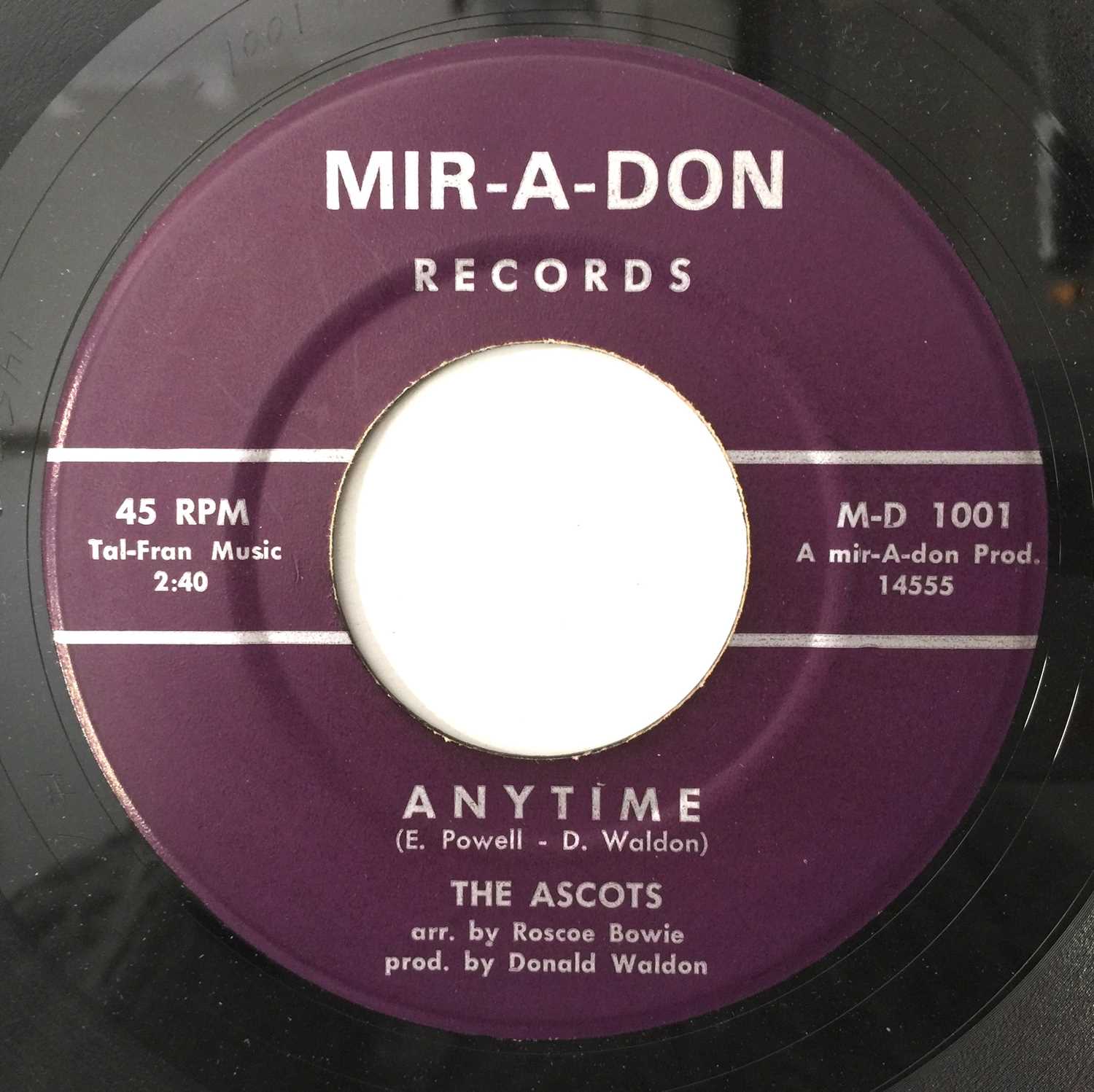 Lot 44 - THE ASCOTS - ANYTIME/ SOMETIMES I WONDER 7" (US ORIGINAL - MIR-A-DON - M-D 1001)