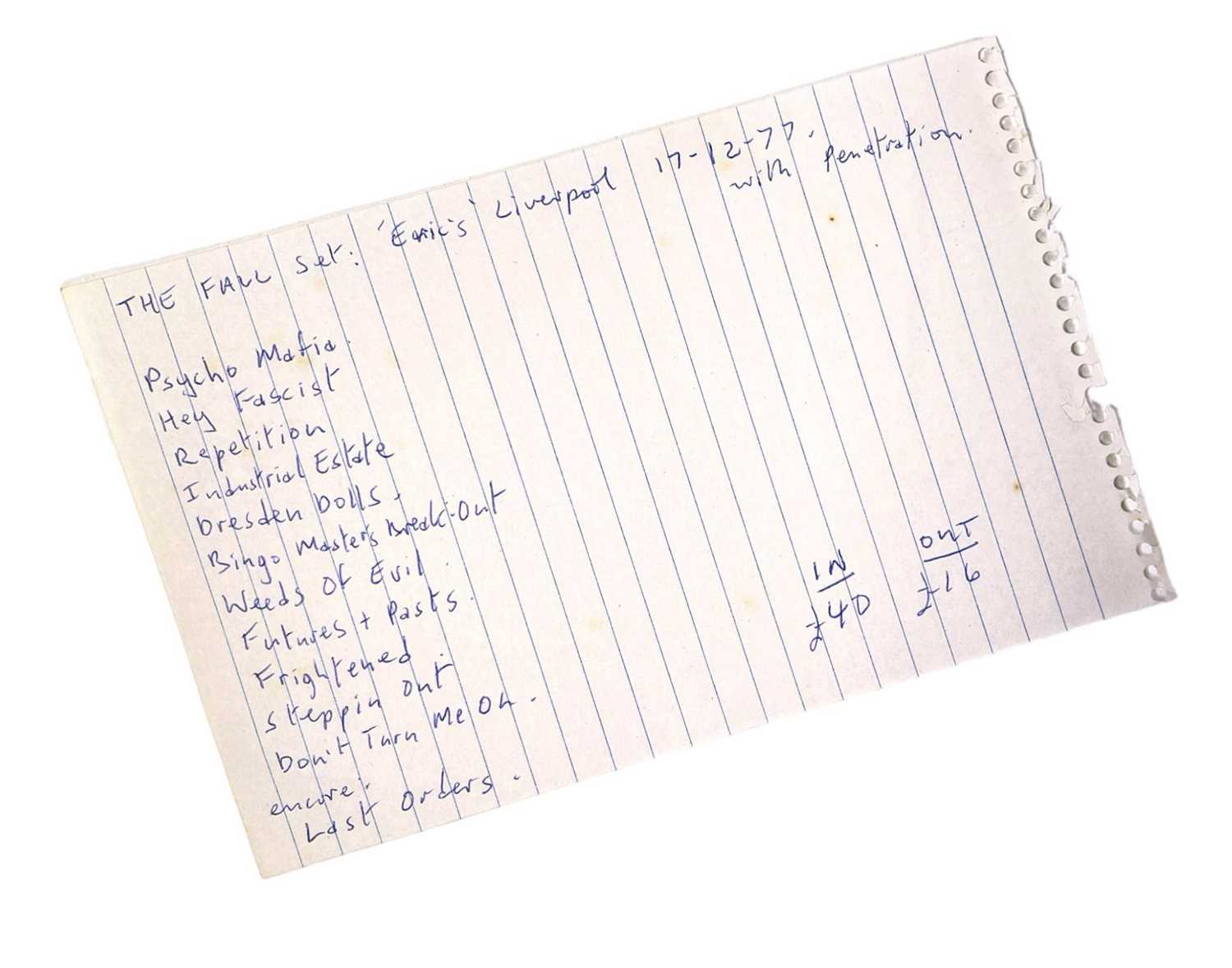 Lot 479 - MARK E. SMITH / THE FALL - HANDWRITTEN SET LIST FOR ERIC'S LIVERPOOL, 1977.