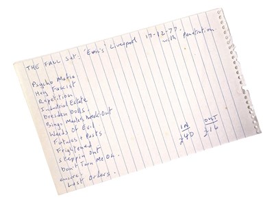Lot 479 - MARK E. SMITH / THE FALL - HANDWRITTEN SET LIST FOR ERIC'S LIVERPOOL, 1977.