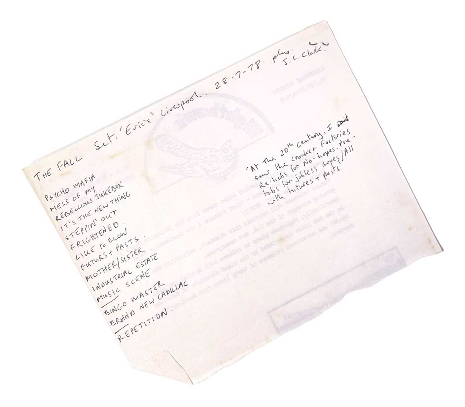 Lot 480 - MARK E. SMITH / THE FALL - HANDWRITTEN SET LIST FOR ERIC'S. 1978.