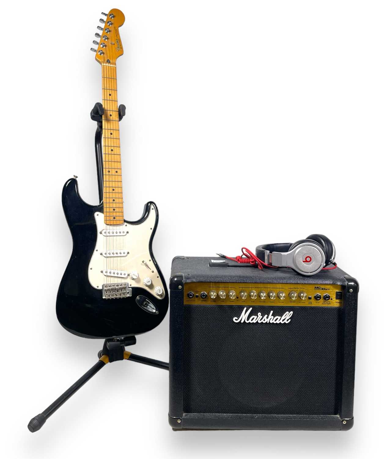 Lot 37 - MEXICAN FENDER STRATOCASTER - BLACK & MARSHALL AMP.