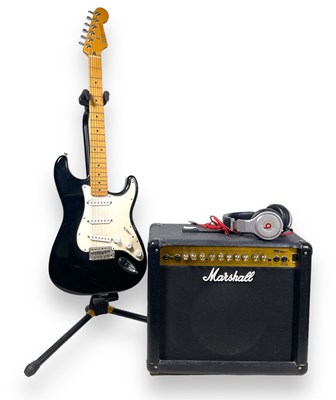 Lot 37 - MEXICAN FENDER STRATOCASTER - BLACK & MARSHALL AMP.