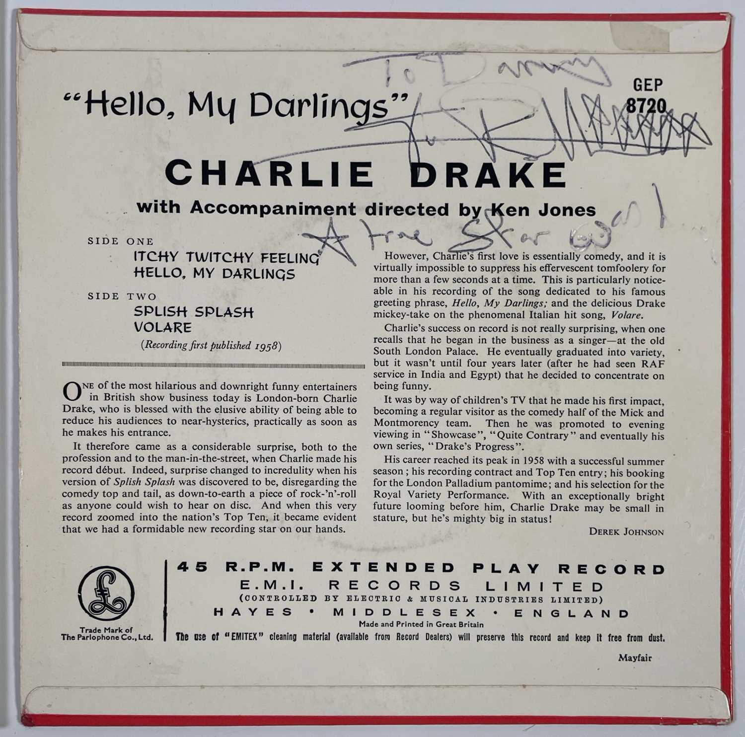 Lot 1 - THE SEX PISTOLS - CHARLIE DRAKE SINGLE SIGNED BY JOHNNY ROTTEN.