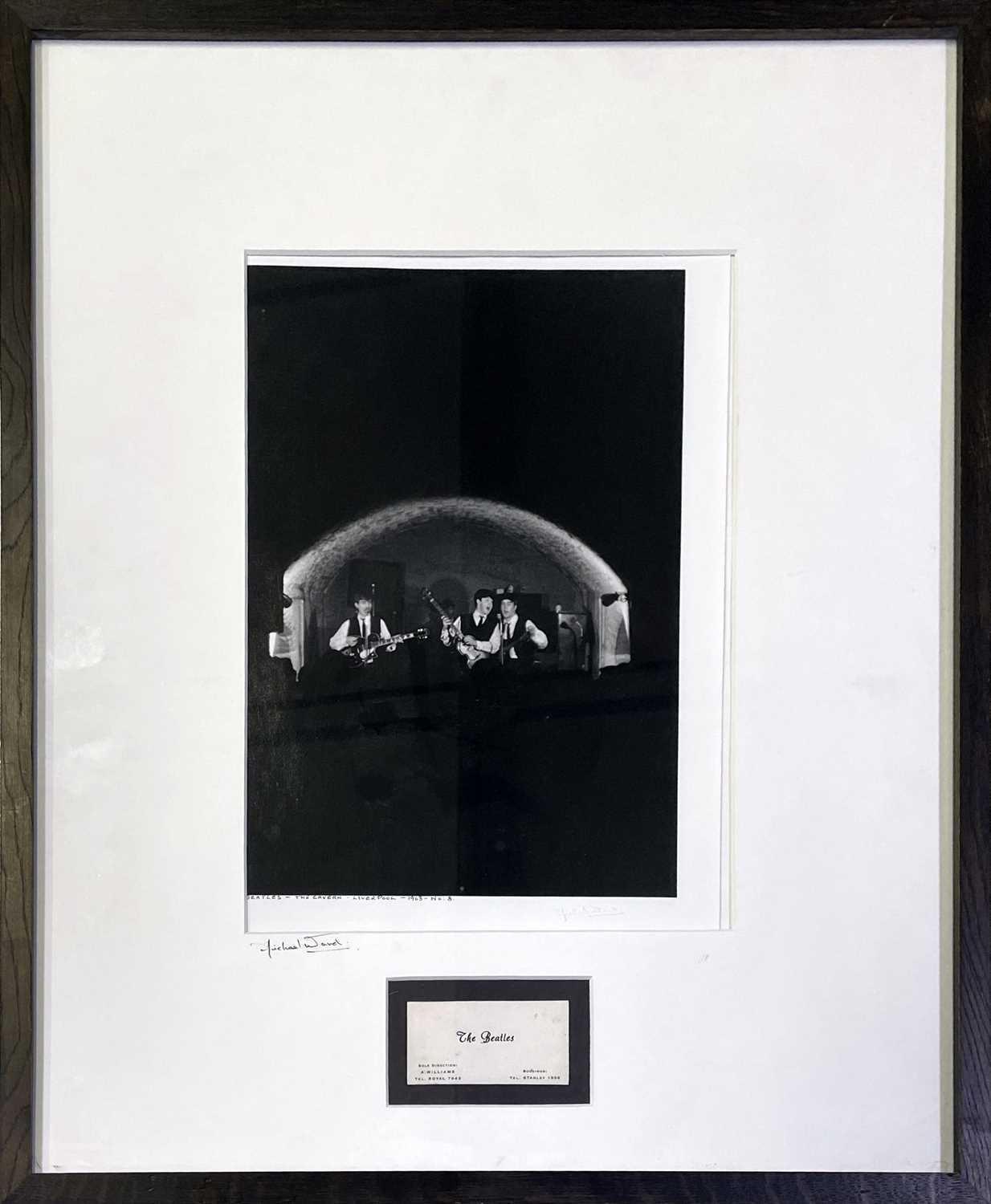 Lot 13 - THE BEATLES - FRAMED DISPLAY WITH ORIGINAL ALAN WILLIAMS BUSINESS CARD / MICHAEL WARD CAVERN PHOTO.