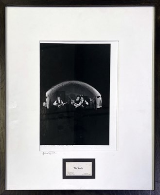 Lot 13 - THE BEATLES - FRAMED DISPLAY WITH ORIGINAL ALAN WILLIAMS BUSINESS CARD / MICHAEL WARD CAVERN PHOTO.