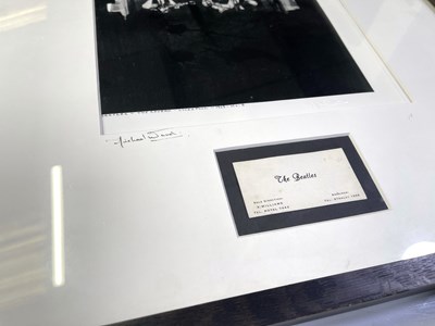 Lot 13 - THE BEATLES - FRAMED DISPLAY WITH ORIGINAL ALAN WILLIAMS BUSINESS CARD / MICHAEL WARD CAVERN PHOTO.