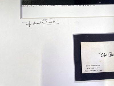 Lot 13 - THE BEATLES - FRAMED DISPLAY WITH ORIGINAL ALAN WILLIAMS BUSINESS CARD / MICHAEL WARD CAVERN PHOTO.