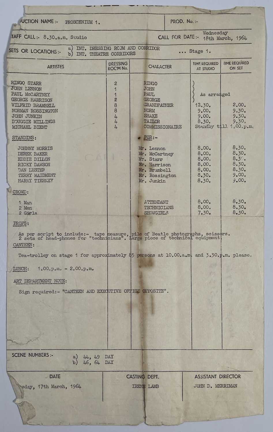 Lot 29 - THE BEATLES - ORIGINAL CALL SHEET FOR A HARD DAY'S NIGHT.
