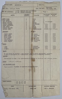 Lot 29 - THE BEATLES - ORIGINAL CALL SHEET FOR A HARD DAY'S NIGHT.