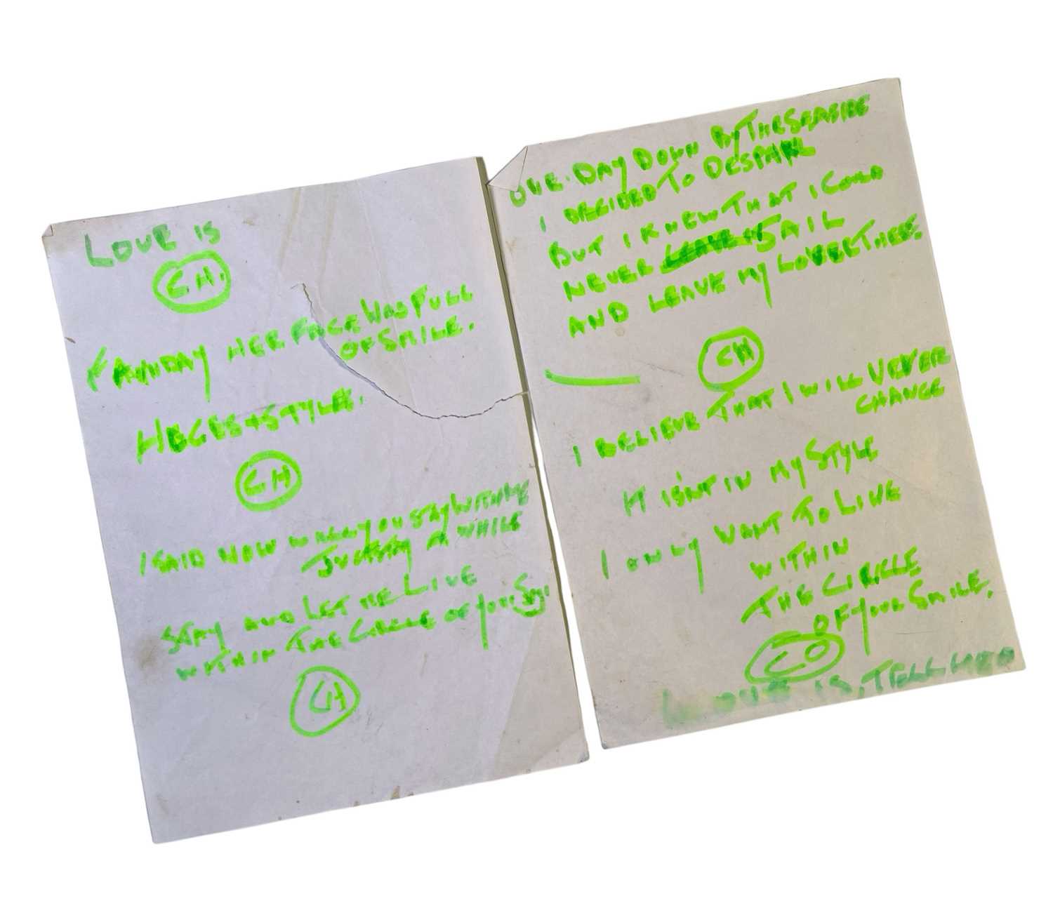 Lot 2 - 'ONE FOR THE ROAD' HANDWRITTEN LYRICS.