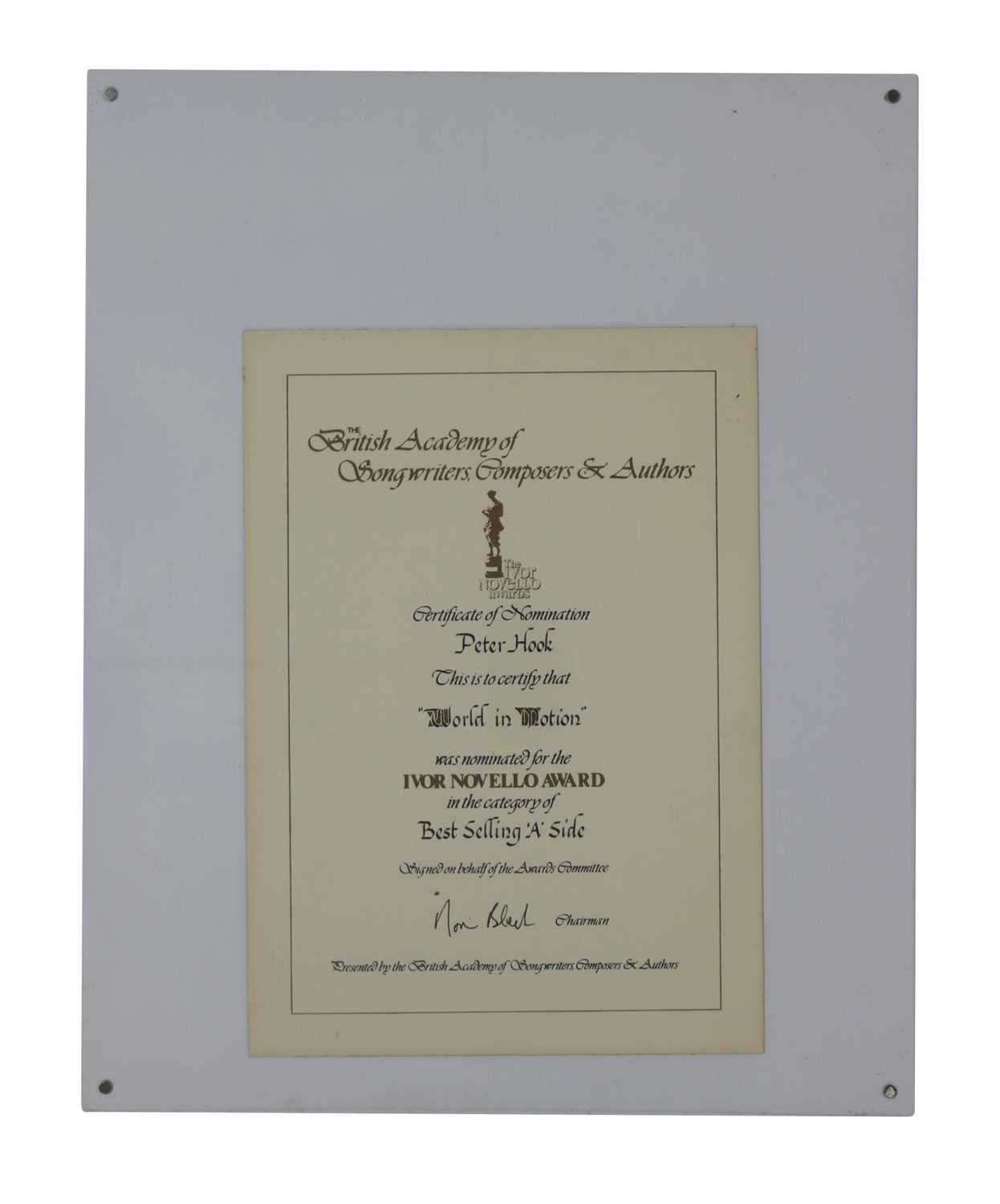 Lot 31 - NEW ORDER WORLD IN MOTION IVOR NOVELLO CERTIFICATE
