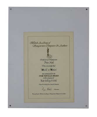 Lot 31 - NEW ORDER WORLD IN MOTION IVOR NOVELLO CERTIFICATE