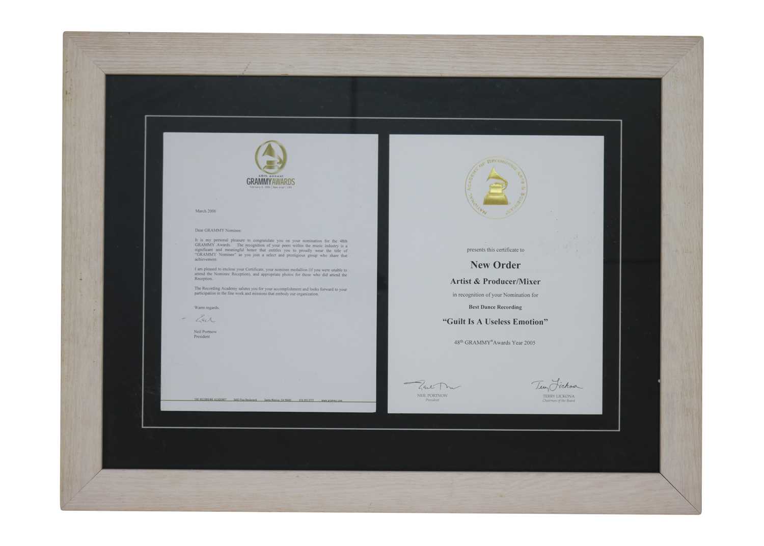 Lot 32 - NEW ORDER GRAMMY AWARD MEDAL, CERTIFICATE & LETTER
