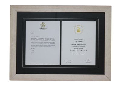 Lot 32 - NEW ORDER GRAMMY AWARD MEDAL, CERTIFICATE & LETTER