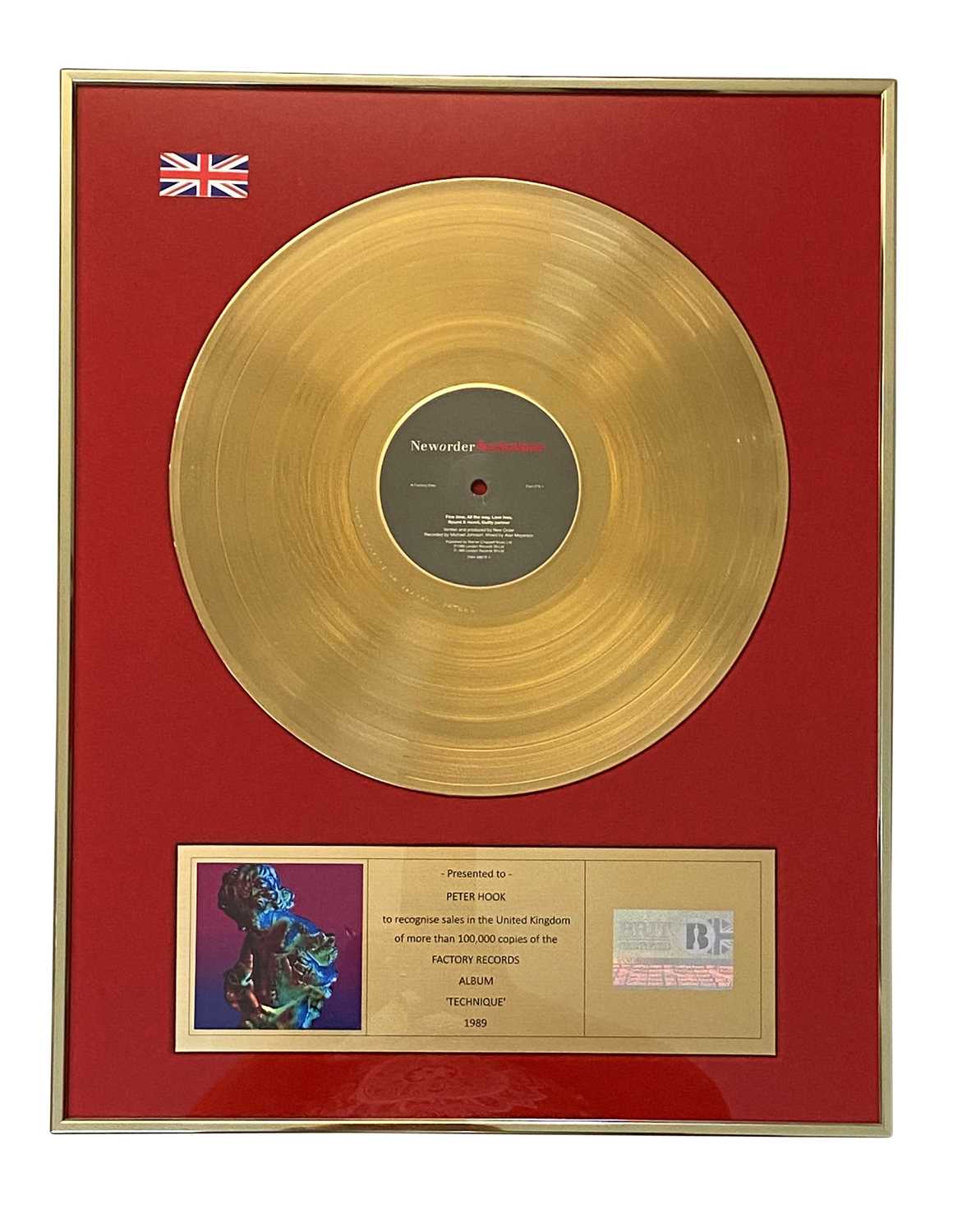 Lot 406 - NEW ORDER TECHNIQUE BRIT CERTIFIED BPI GOLD DISC AWARD