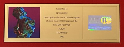 Lot 406 - NEW ORDER TECHNIQUE BRIT CERTIFIED BPI GOLD DISC AWARD