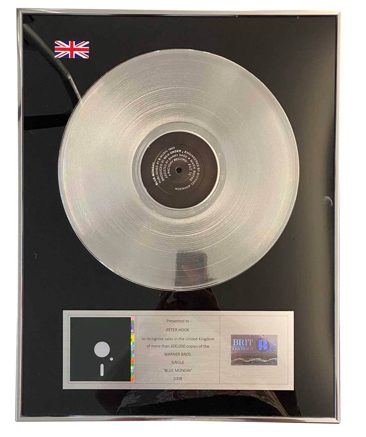 Lot 408 - NEW ORDER BLUE MONDAY BRIT CERTIFIED BPI PLATINUM DISC AWARD