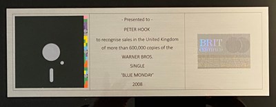 Lot 408 - NEW ORDER BLUE MONDAY BRIT CERTIFIED BPI PLATINUM DISC AWARD