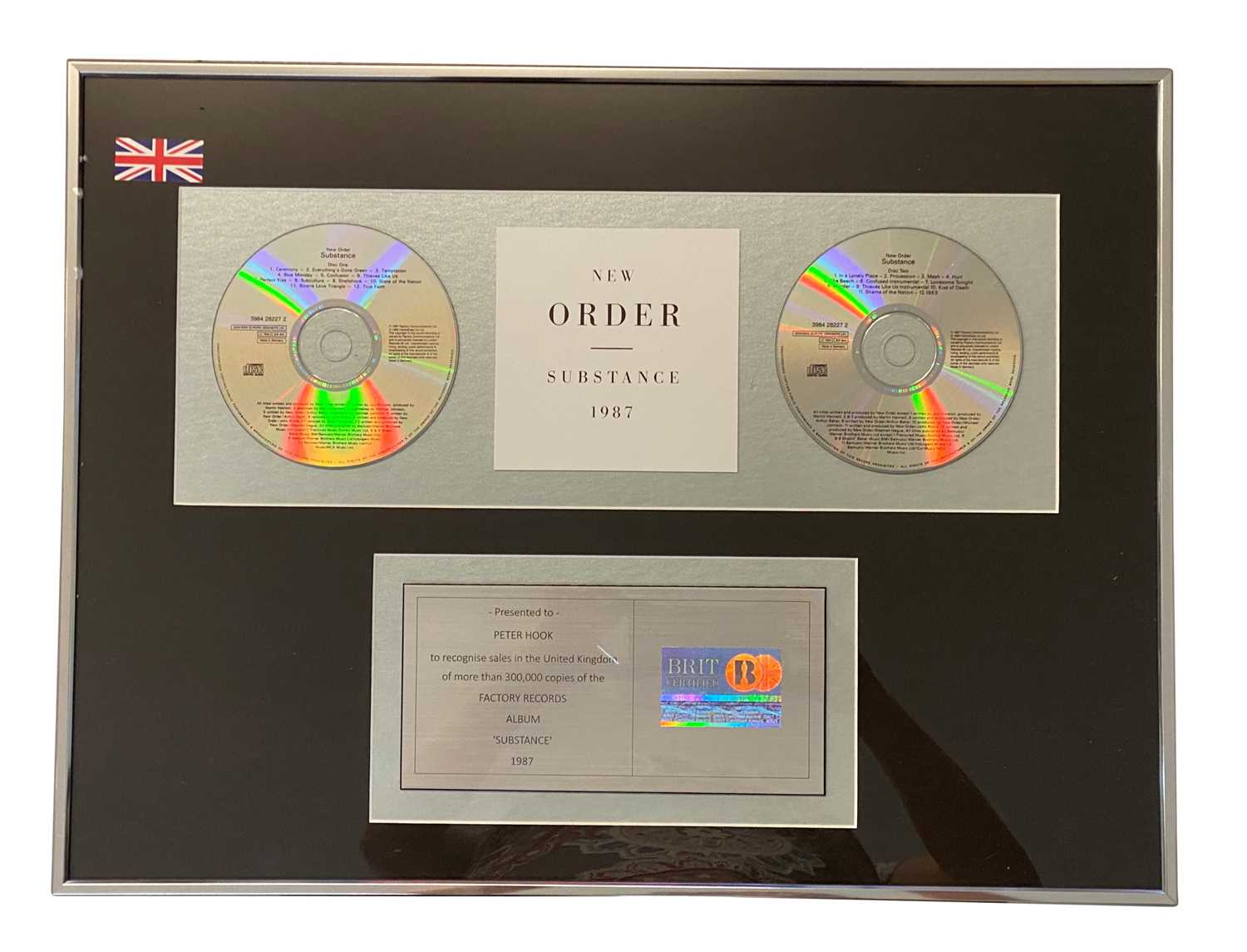 Lot 409 - NEW ORDER SUBSTANCE BRIT CERTIFIED BPI PLATINUM DISC AWARD
