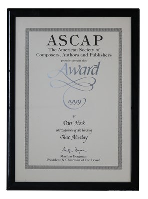 Lot 43 - NEW ORDER ASCAP FRAMED CERTIFICATE/AWARD