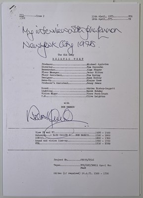 Lot 235 - THE BEATLES - BOB HARRIS SIGNED OLD GREY WHISTLE TEST JOHN LENNON INTERVIEW RUN SHEET.