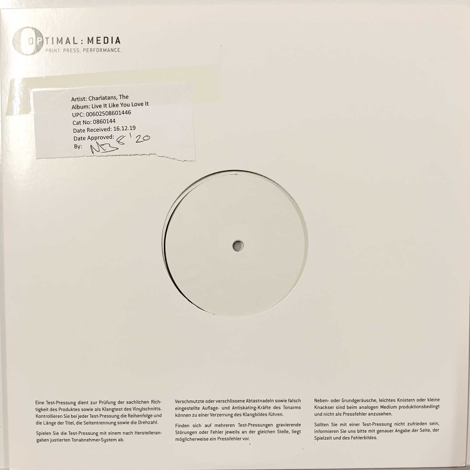 Lot 8 - THE CHARLATANS - LIVE IT LIKE YOU LOVE IT (RSD 2020) WHITE LABEL TEST PRESSING.