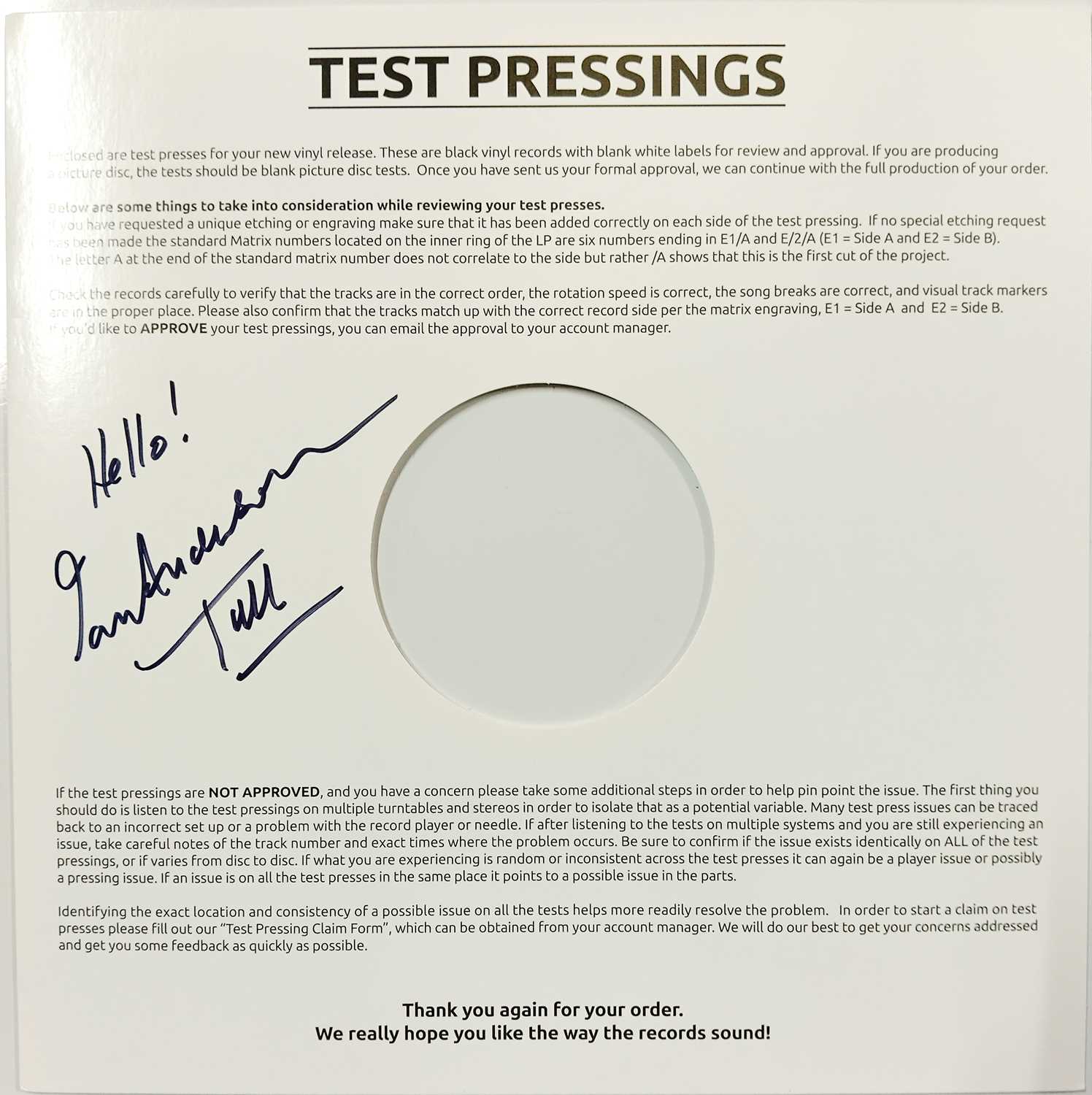 Lot 128 - JETHRO TULL - TEST PRESSING SLEEVE SIGNED BY FRONTMAN