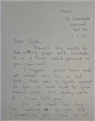 Lot 476 - QUEEN - HANDWRITTEN LETTER BY JOHN DEACON, SEPTEMBER 1971 ON THE RECORDING OF DEBUT SINGLE.