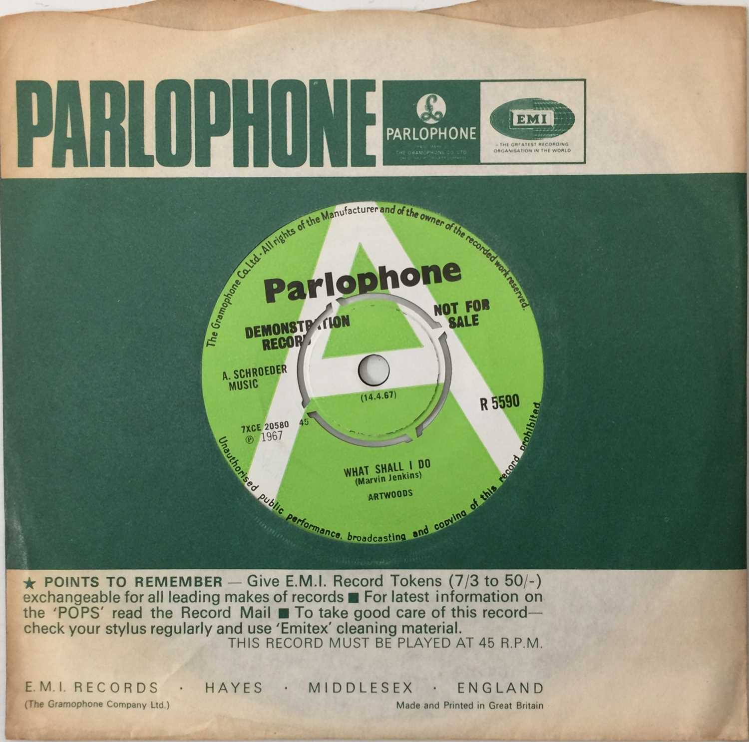Lot 56 - THE ARTWOODS - WHAT SHALL I DO/ IN THE DEEP END 7" (UK PROMO - PARLOPHONE - R5590)