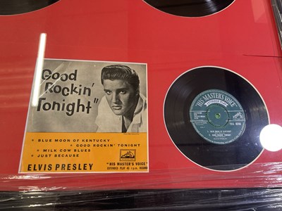 Lot 349 - ELVIS PRESLEY - ORIGINAL FRAMED DISPLAY WITH ALL ORIGINAL UK HMV RELEASES.