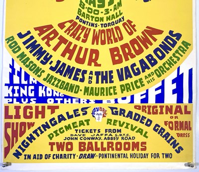 Lot 27 - CRAZY WORLD OF ARTHUR BROWN - ORIGINAL 1968 PONTINS MAY BALL POSTER.