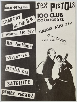 Lot 470 - THE SEX PISTOLS - ORIGINAL JAMIE REID DESIGNED 100 CLUB HANDBILL.