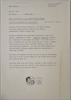 Lot 150 - THE SMITHS - SHAKESPEARE'S SISTER - 1985 PRESS RELEASE.