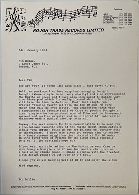 Lot 139 - THE SMITHS - 1984 PRESS LETTER TO BLITZ MAGAZINE FOR DEBUT ALBUM