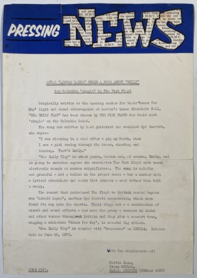 Lot 447 - PINK FLOYD - ORIGINAL PRESS RELEASE FOR 'SEE EMILY PLAY'.