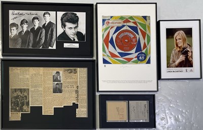 Lot 334 - THE BEATLES - FRAMED PRINTS AND MEMORABILIA INC EARLY PRESS CUTTINGS / LOVE ME DO MORGAN HOWELL PRINT.