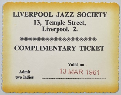 Lot 230 - THE BEATLES - ORIGINAL TICKET / PASS FOR LIVERPOOL JAZZ SOCIETY, 13TH MARCH 1961.