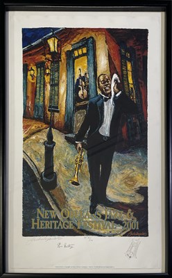 Lot 140 - NEW ORLEANS JAZZ FESTIVAL - 2001 SIGNED LIMITED EDITION REMARQUE VERSION LOUIS ARMSTRONG POSTER.