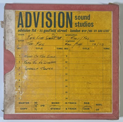 Lot 507 - YES - ORIGINAL 1972/1973 ADVISION SOUND STUDIOS TAPE FOR YES LIVE STATES 72.