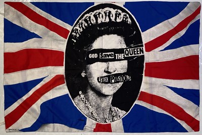 Lot 552 - THE SEX PISTOLS - ORIGINAL JAMIE REID DESIGNED 'GOD SAVE THE QUEEN' FLAG.