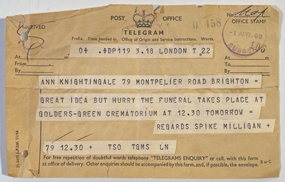 Lot 333 - SPIKE MILLIGAN - TELEGRAM FROM SPIKE TO ANNIE, 1968.