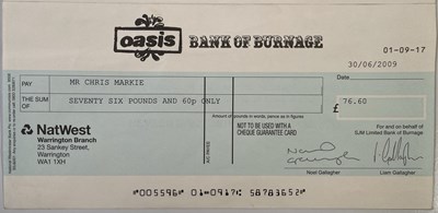 Lot 516 - OASIS - ORIGINAL 2009 'BANK OF BURNAGE' CHEQUE.