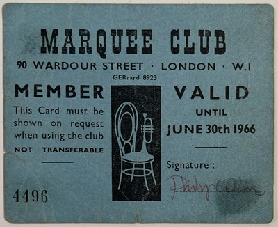 Lot 560 - PHIL COLLINS - SIGNED 1966 MARQUEE MEMBERSHIP CARD.