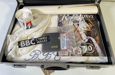 Lot 82 - BBC MEMORABILIA - CASE / BADGES / MUG / TOWEL ETC.