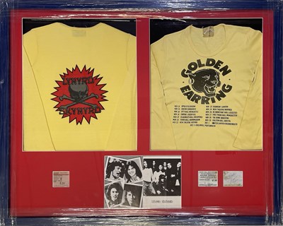 Lot 261 - LYNRD SKYNRD - DISPLAY WITH ORIGINAL AND RARE T-SHIRT - SIGNED TICKET STUB.
