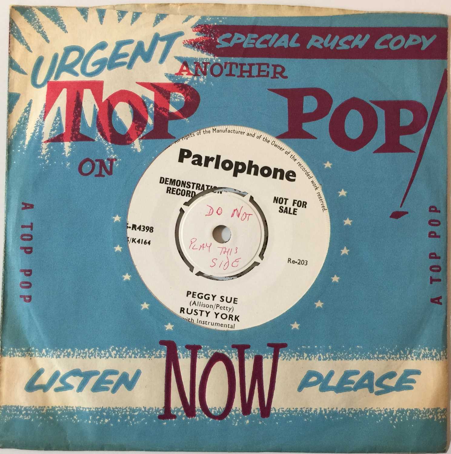 Lot 35 - RUSTY YORK - PEGGY SUE C/W SHAKE 'EM UP BABY 7''(ORIGINAL UK DEMO - PARLOPHONE 45-R4398)