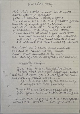 Lot 362 - THE PAUL HEMMINGS COLLECTION - THE LA'S / LIGHTNING SEEDS AND MORE - LEE MAVERS HANDWRITTEN LYRICS FOR 'FREEDOM SONG..'