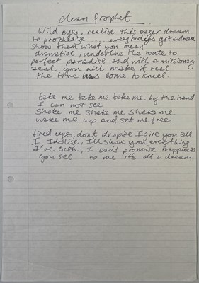Lot 364 - THE PAUL HEMMINGS COLLECTION - THE LA'S / LIGHTNING SEEDS AND MORE - LEE MAVERS HANDWRITTEN LYRICS FOR THE LA'S 'CLEAN PROPHET'.